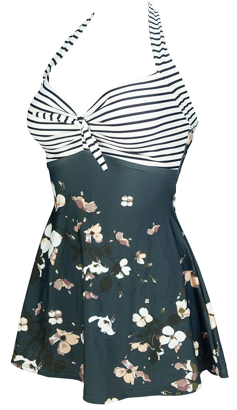 COCOSHIP Black White Striped & Bloom Floral Sailor Swimsuit Retro One Piece Skirtini Cover Up Bathing Suit Swimdress XXL(US14) - Image 2